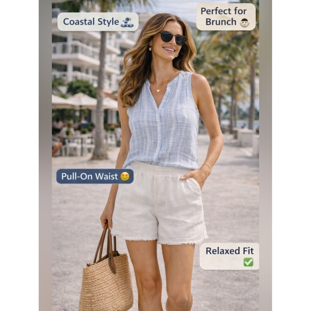 J. Jill‎ White Linen Blend Pull-On Shorts Frayed Hem Relaxed Summer Beach Sz S